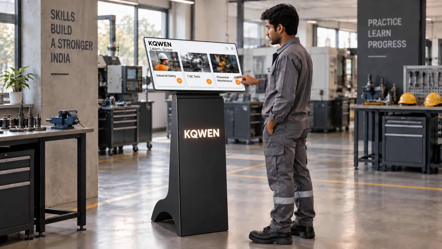 A learner using the KQWEN kiosk with Industrial Safety, 7 QC Tools and Preventive Maintenance courses in an industrial training area